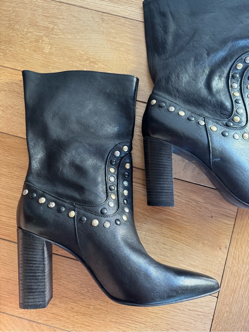 Free People Black Stud-Trim Leather Heeled Dakota Ankle Boots Size 10.5 (41)